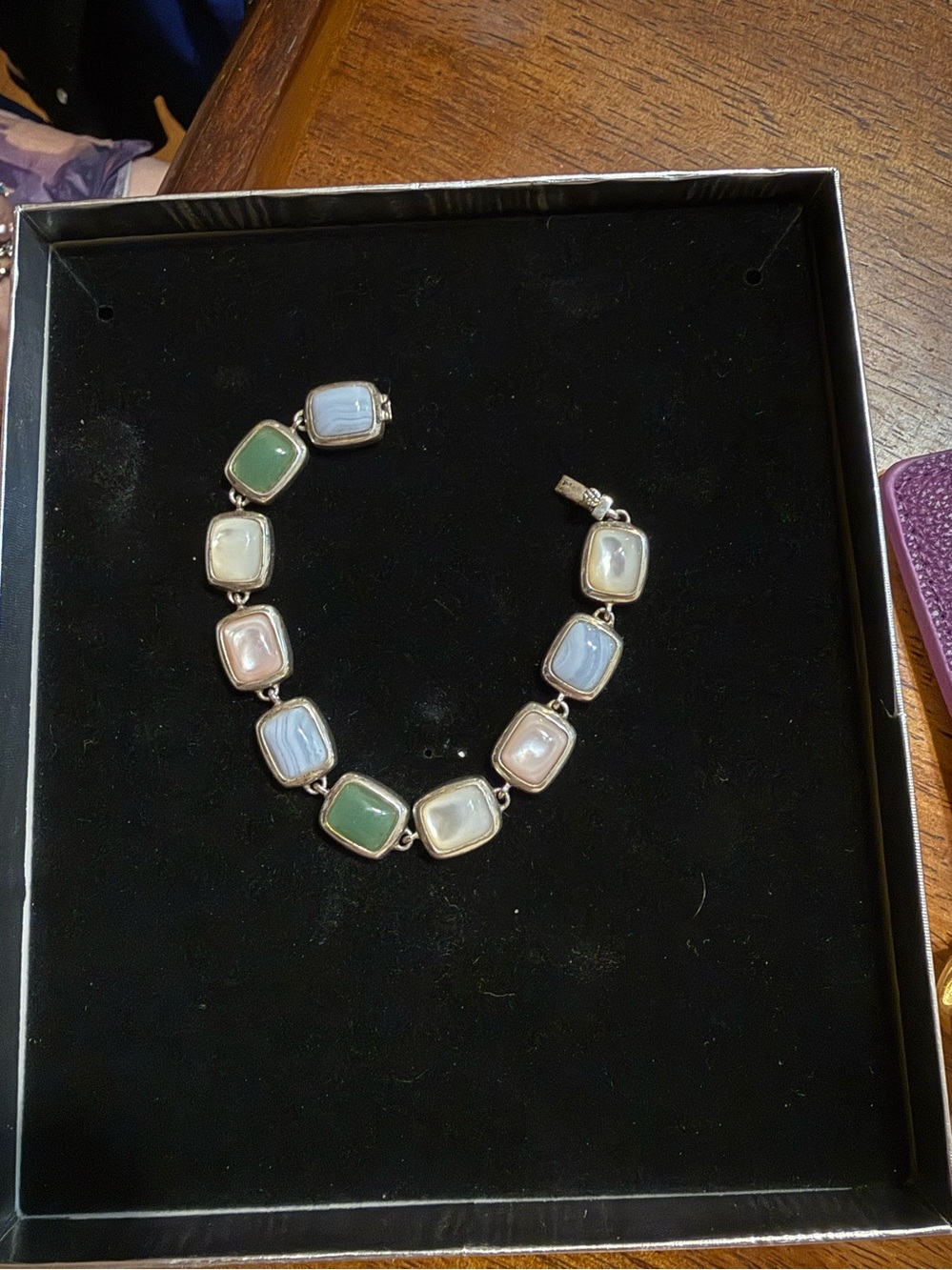 Multi-Color Stone Link Bracelet - real Silver Setting with real stones